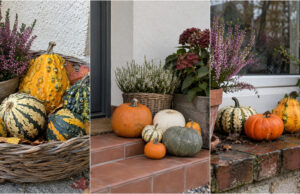 Ein paar Zierkürbisse genügen: 20 herbstliche Dekorationen, die Eingang, Balkon und Zuhause verschönern Kürbisse und Heidekraut am Hauseingang arrangiert