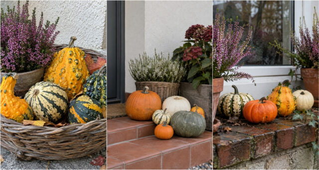 zierkuerbisse-eingang-herbstdeko-649 Kürbisse und Heidekraut am Hauseingang arrangiert